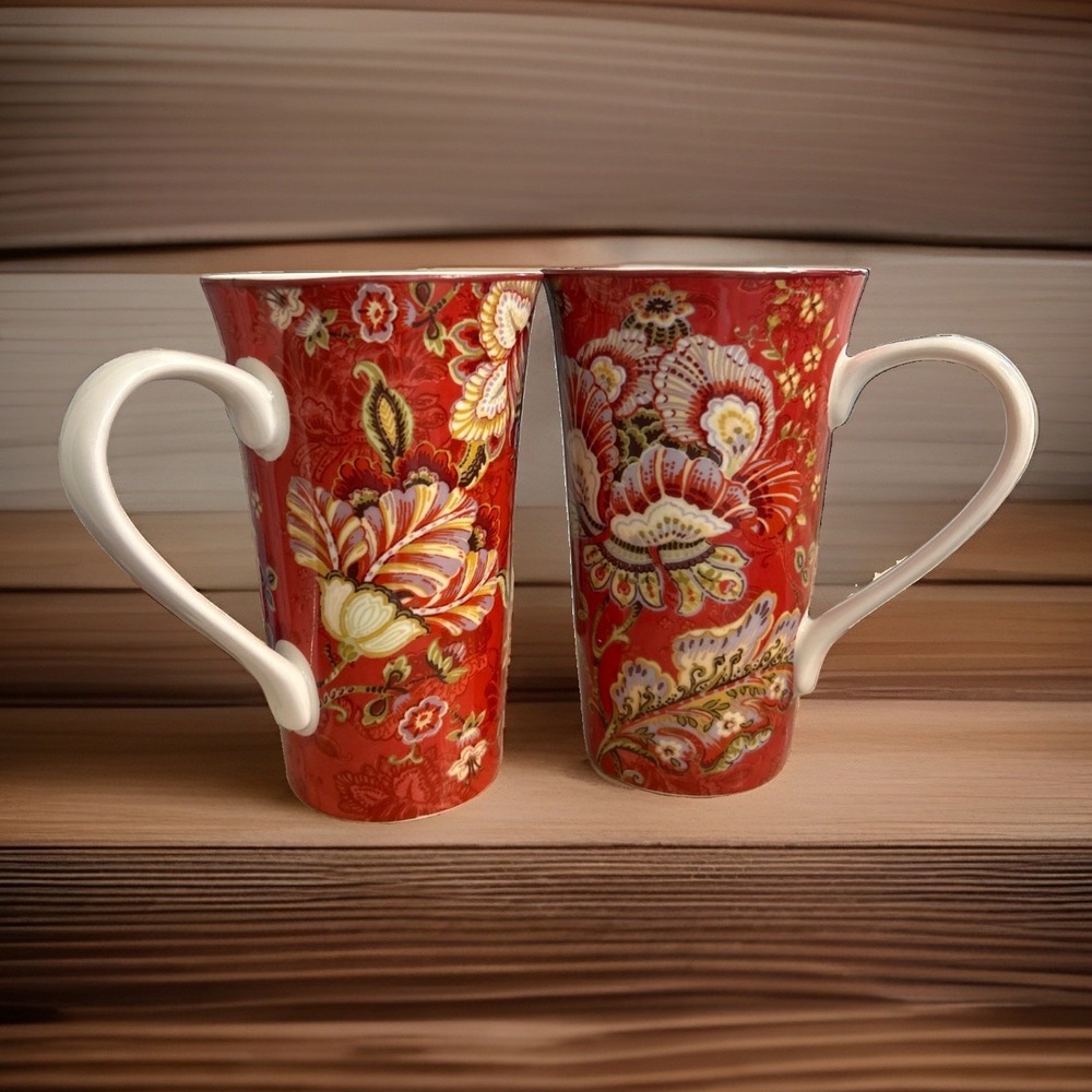 222 Fifth Gabrielle Red Floral Paisley Latte Mug Porcelain Indonesia 16 oz TWO